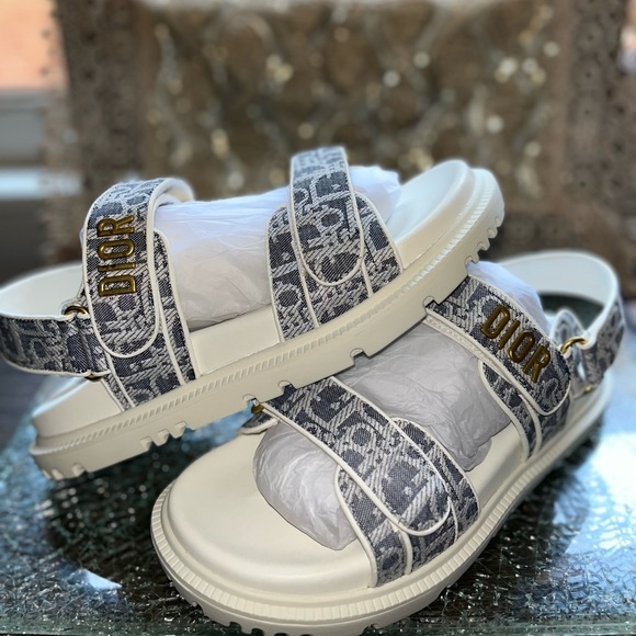 Dior Dioract Sandal Chambray Blue Jacquard wit Ecru Dior Oblique Raffia Size 39 - Picture 1 of 2